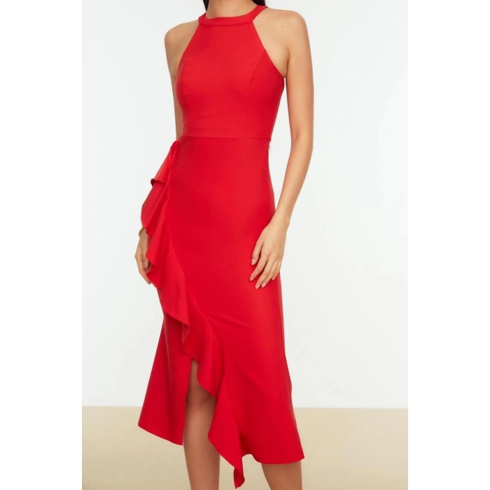 Fashion Fit Graduation Prom Finike Woven Halter Neck Sleeveless Wrap Midi Length Dress