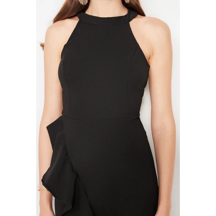 Fashion Fit Graduation Prom Finike Woven Halter Neck Sleeveless Wrap Midi Length Dress