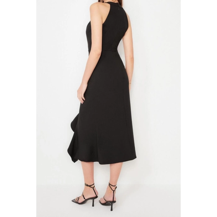 Fashion Fit Graduation Prom Finike Woven Halter Neck Sleeveless Wrap Midi Length Dress