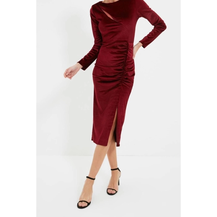 Fashion Regular Graduation Prom Velvet Knitted Boat Neck Long Sleeve Bodycone Midi Length Dress