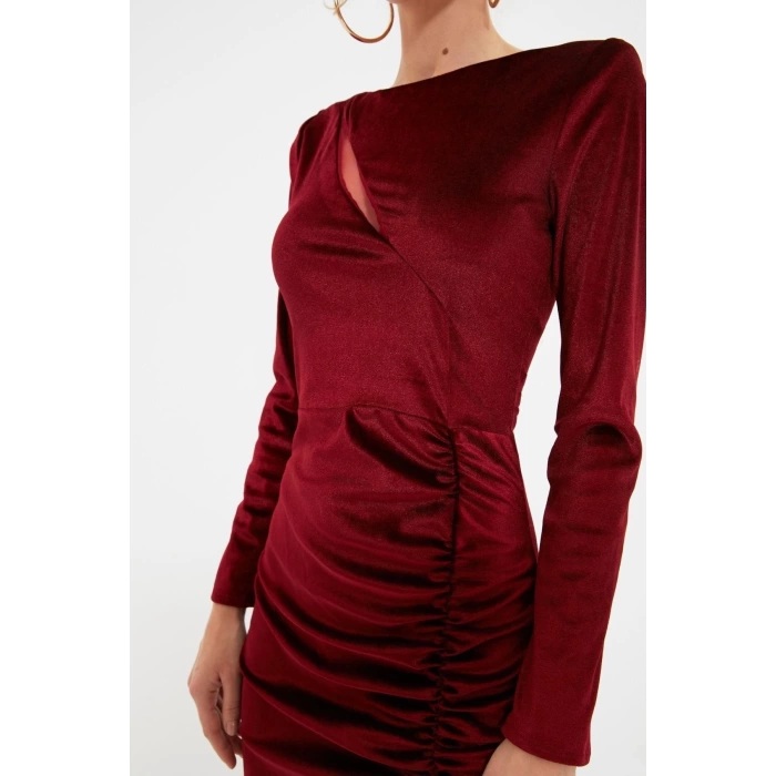 Fashion Regular Graduation Prom Velvet Knitted Boat Neck Long Sleeve Bodycone Midi Length Dress