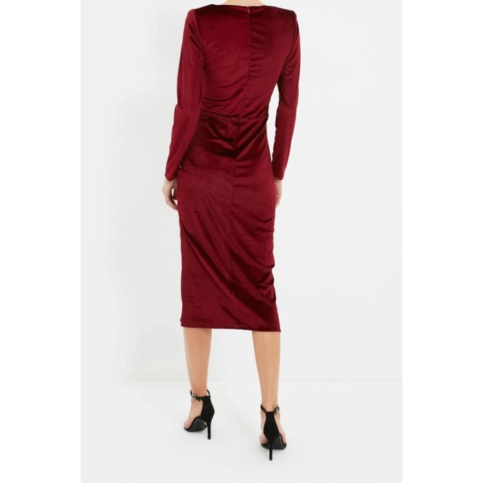 Fashion Regular Graduation Prom Velvet Knitted Boat Neck Long Sleeve Bodycone Midi Length Dress