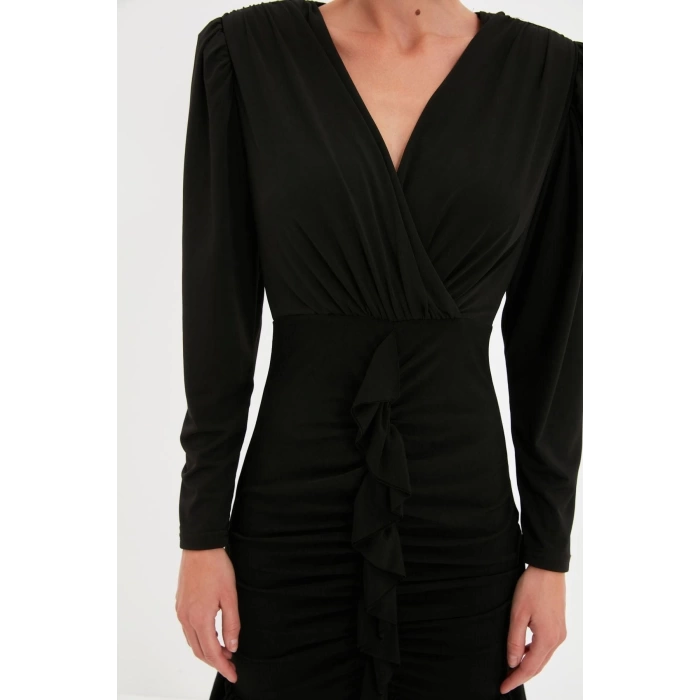 Moda Fit Cocktail Sandy Knitted V Neck Long Sleeve Bodycone Mini Length Dress