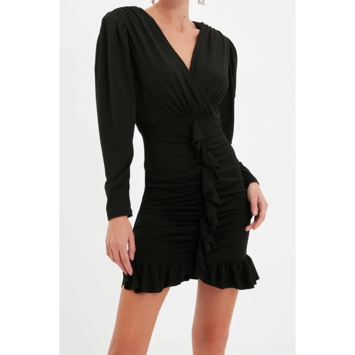 Moda Fit Cocktail Sandy Knitted V Neck Long Sleeve Bodycone Mini Length Dress