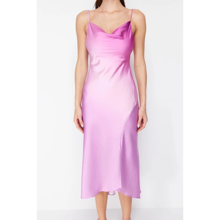 Fashion Fit Graduation Prom Satin Woven Cowl Neck Strap Sleeve Shift Midi Length Dress