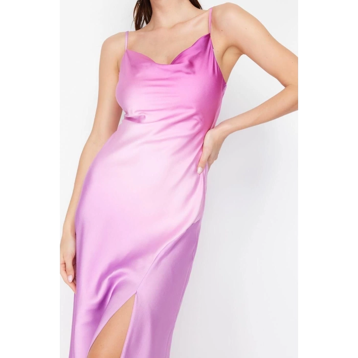 Fashion Fit Graduation Prom Satin Woven Cowl Neck Strap Sleeve Shift Midi Length Dress