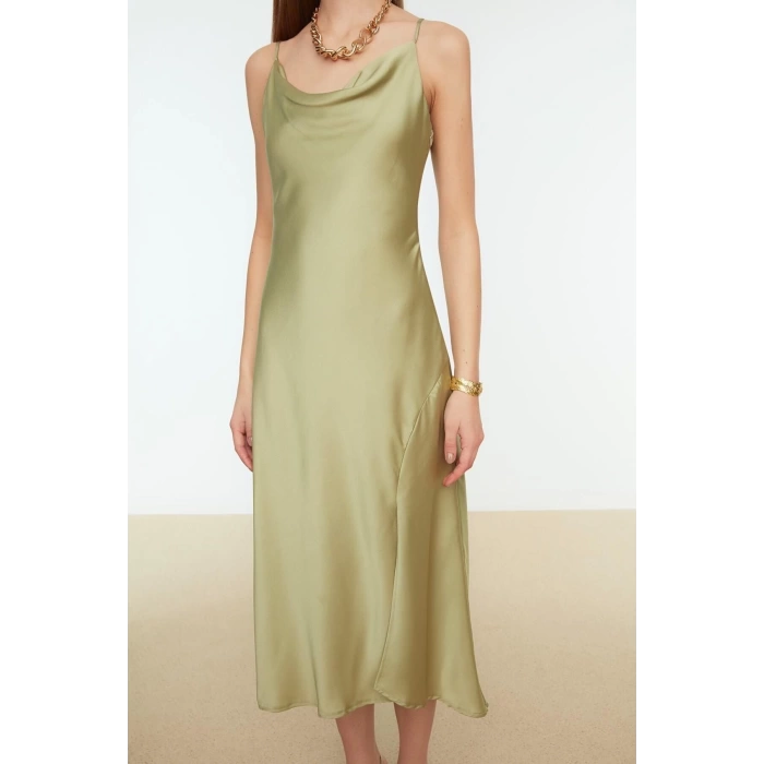 Fashion Fit Graduation Prom Satin Woven Cowl Neck Strap Sleeve Shift Midi Length Dress