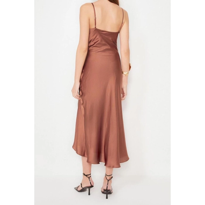 Fashion Fit Graduation Prom Satin Woven Cowl Neck Strap Sleeve Shift Midi Length Dress
