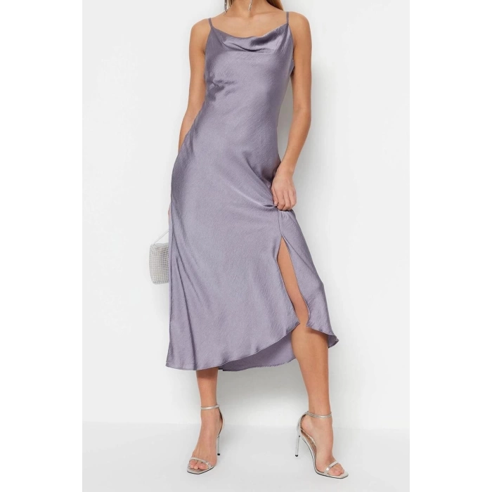 Fashion Fit Graduation Prom Satin Woven Cowl Neck Strap Sleeve Shift Midi Length Dress