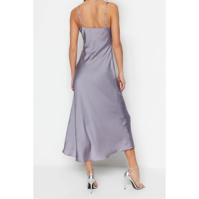 Fashion Fit Graduation Prom Satin Woven Cowl Neck Strap Sleeve Shift Midi Length Dress