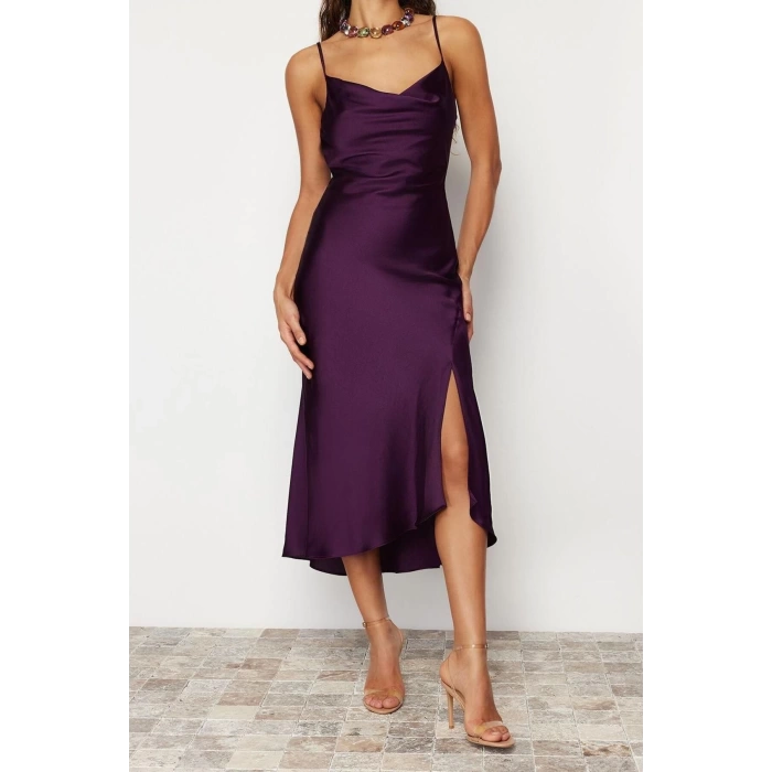 Fashion Fit Graduation Prom Satin Woven Cowl Neck Strap Sleeve Shift Midi Length Dress