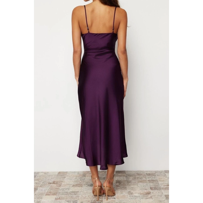 Fashion Fit Graduation Prom Satin Woven Cowl Neck Strap Sleeve Shift Midi Length Dress