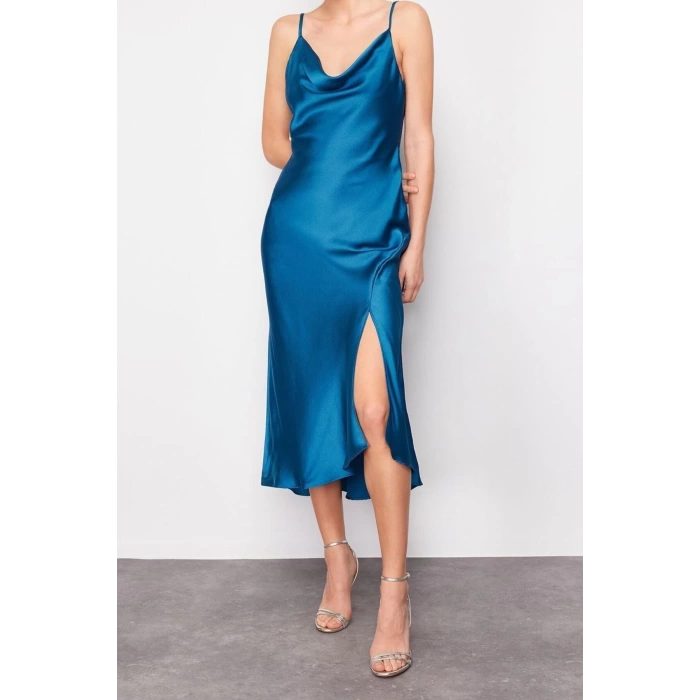 Fashion Fit Graduation Prom Satin Woven Cowl Neck Strap Sleeve Shift Midi Length Dress