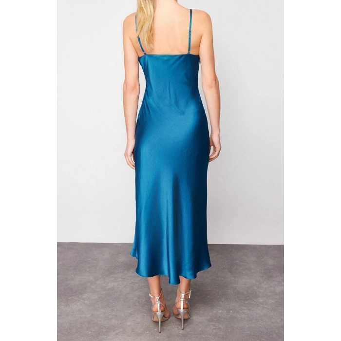 Fashion Fit Graduation Prom Satin Woven Cowl Neck Strap Sleeve Shift Midi Length Dress