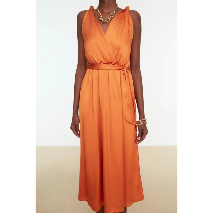Fashion Regular Graduation Prom Satin Woven Double Breasted Halter Sleeve Skater Midi Length Dress