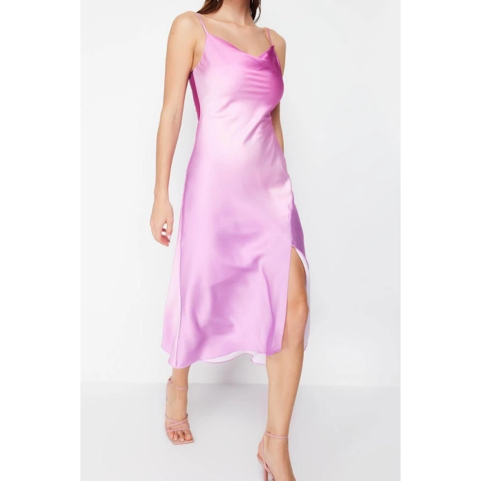 Fashion Fit Graduation Prom Satin Woven Cowl Neck Strap Sleeve Shift Midi Length Dress