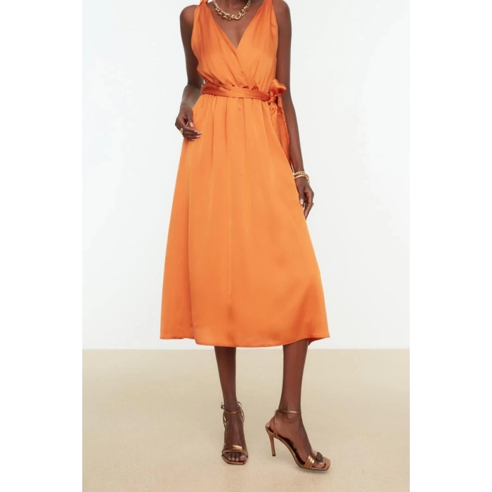 Fashion Regular Graduation Prom Satin Woven Double Breasted Halter Sleeve Skater Midi Length Dress