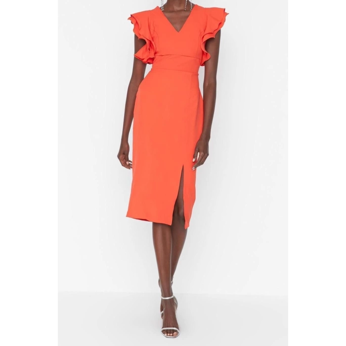 Fashion Fit Graduation Prom Finike Woven V Neck Short Sleeve Bodycone Midi Length Dress