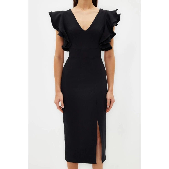 Fashion Fit Graduation Prom Finike Woven V Neck Short Sleeve Bodycone Midi Length Dress