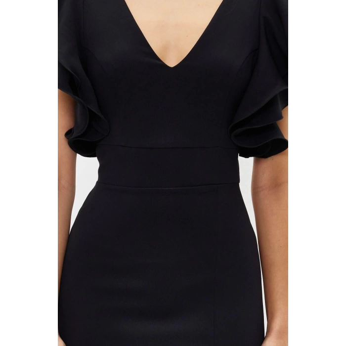 Fashion Fit Graduation Prom Finike Woven V Neck Short Sleeve Bodycone Midi Length Dress