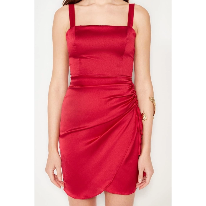 Fashion Regular Graduation Prom Satin Woven Square Neck Strap Sleeve Bodycone Mini Length Dress