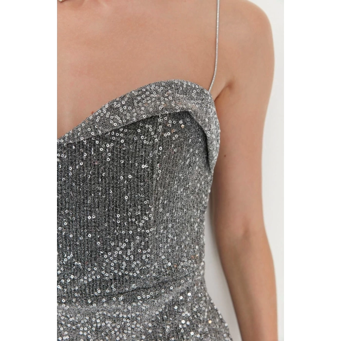 Fashion Regular Graduation Prom Sequin Knitted Heart Neck Strap Sleeve Wrap Mini Length Dress