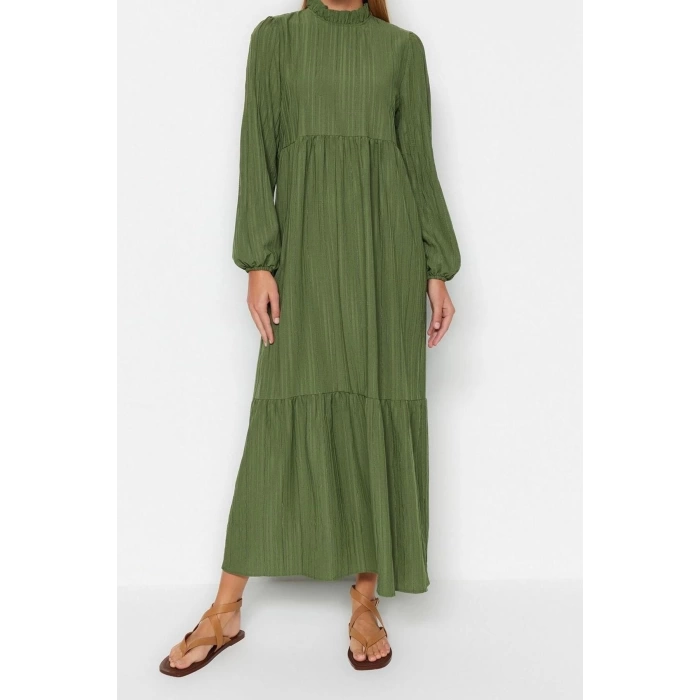 Fashion Comfortable Casual Daily Crinkle Woven Stand Collar Long Sleeve A-Line Maxi Length Hijab Dress