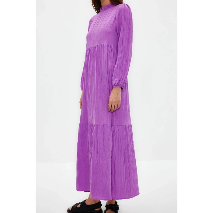 Fashion Comfortable Casual Daily Crinkle Woven Stand Collar Long Sleeve A-Line Maxi Length Hijab Dress