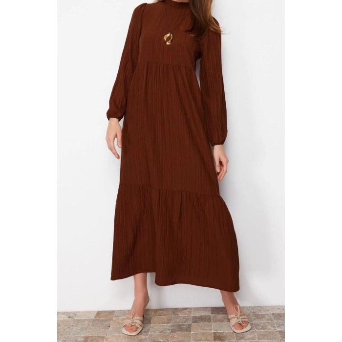 Fashion Comfortable Casual Daily Crinkle Woven Stand Collar Long Sleeve A-Line Maxi Length Hijab Dress