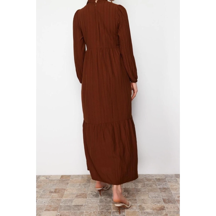 Fashion Comfortable Casual Daily Crinkle Woven Stand Collar Long Sleeve A-Line Maxi Length Hijab Dress