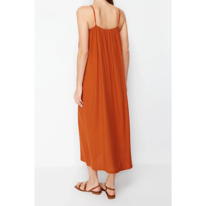 Moda Regular Casual Günlük Shally Dokuma U Yaka Askılı Kol Shift Maxi Boy Elbise