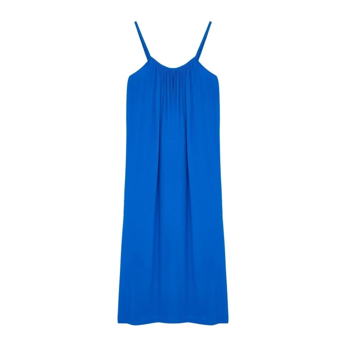 Moda Regular Casual Günlük Shally Dokuma U Yaka Askılı Kol Shift Maxi Boy Elbise
