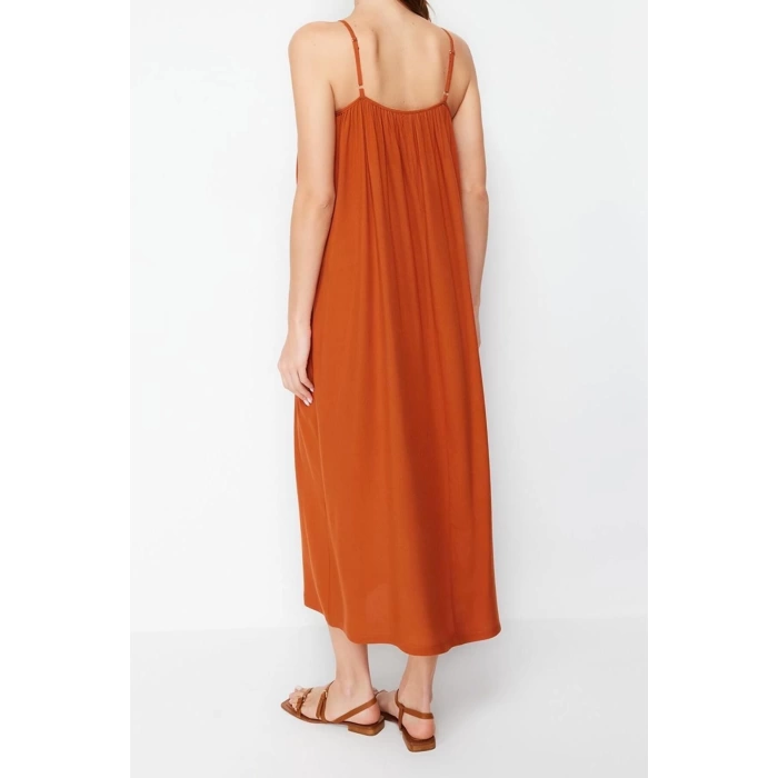 Moda Regular Casual Günlük Shally Dokuma U Yaka Askılı Kol Shift Maxi Boy Elbise