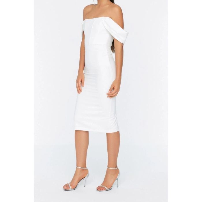 Fashion Fit Graduation Prom Finike Woven Carmen Collar Short Sleeve Bodycone Midi Length Dress