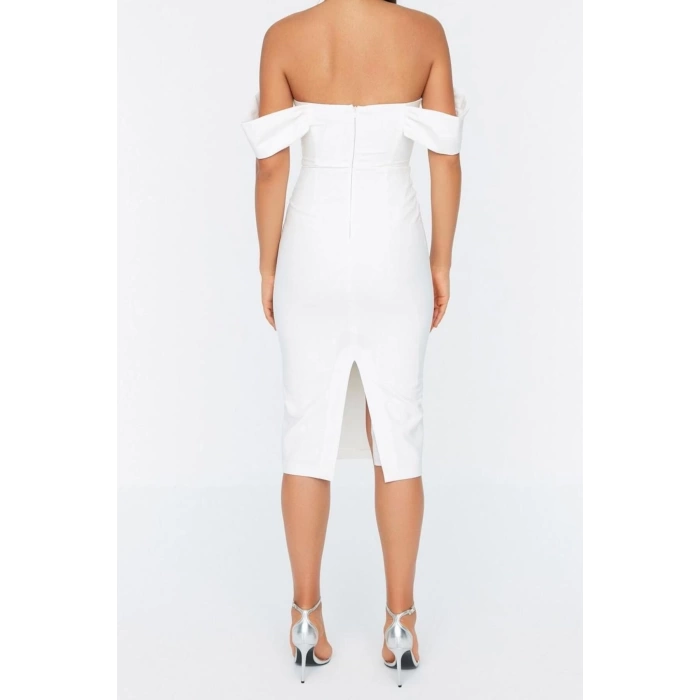 Fashion Fit Graduation Prom Finike Woven Carmen Collar Short Sleeve Bodycone Midi Length Dress