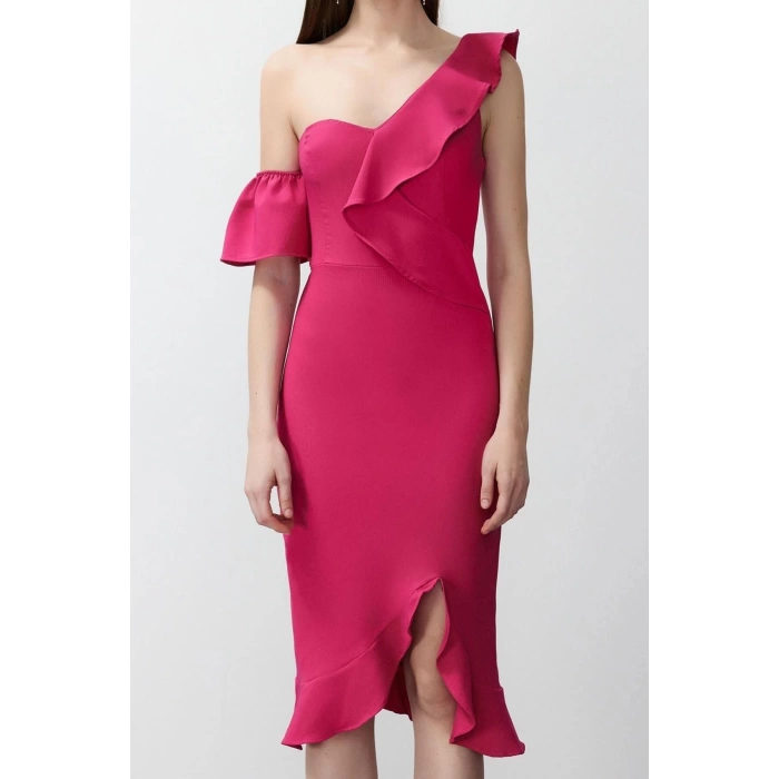 Fashion Fit Graduation Prom Finike Woven Carmen Collar Short Sleeve Bodycone Midi Length Dress
