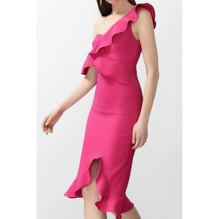 Fashion Fit Graduation Prom Finike Woven Carmen Collar Short Sleeve Bodycone Midi Length Dress
