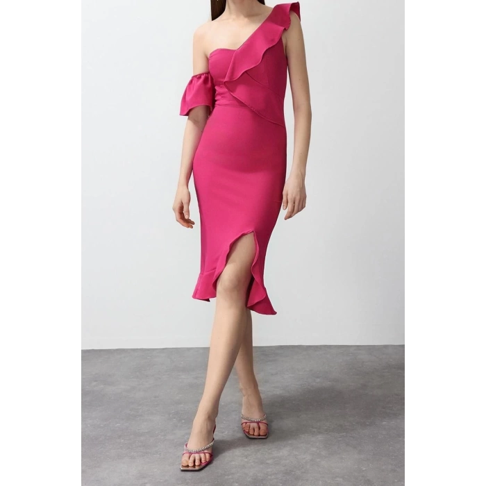 Fashion Fit Graduation Prom Finike Woven Carmen Collar Short Sleeve Bodycone Midi Length Dress