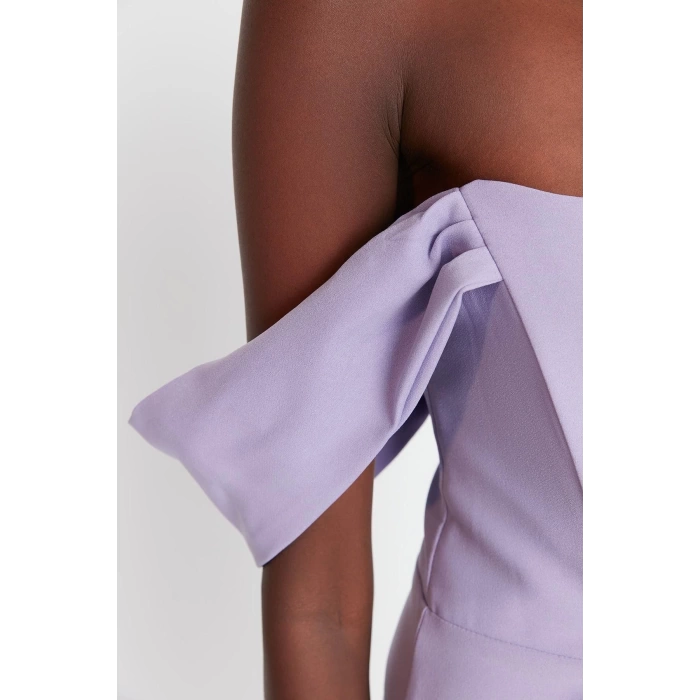 Fashion Fit Graduation Prom Finike Woven Carmen Collar Short Sleeve Bodycone Midi Length Dress