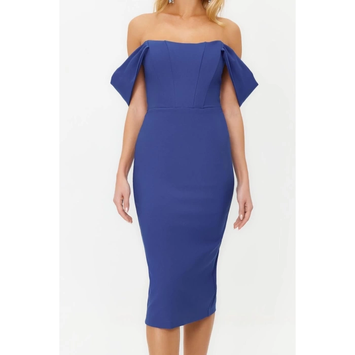 Fashion Fit Graduation Prom Finike Woven Carmen Collar Short Sleeve Bodycone Midi Length Dress