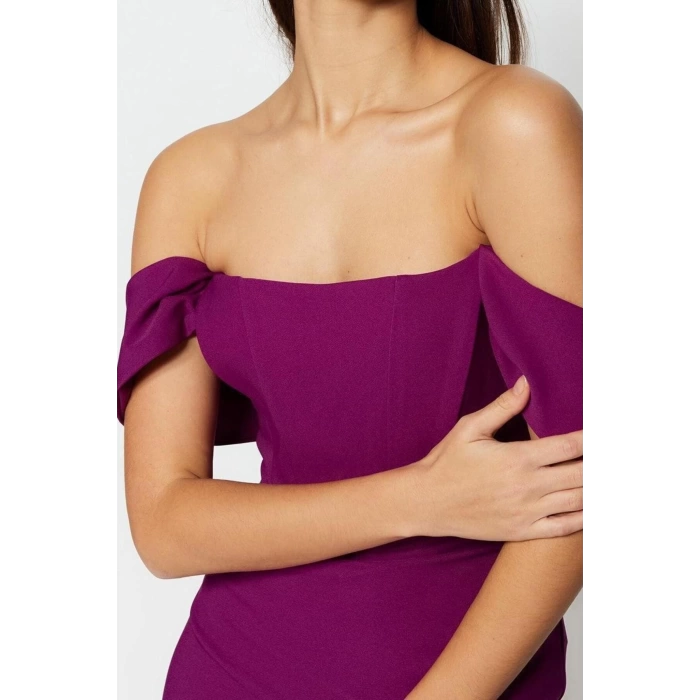 Fashion Fit Graduation Prom Finike Woven Carmen Collar Short Sleeve Bodycone Midi Length Dress