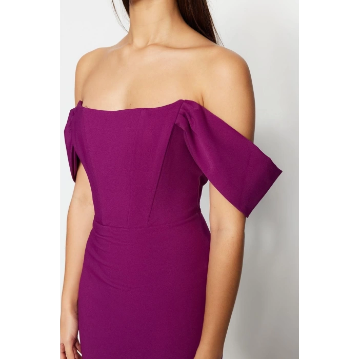 Fashion Fit Graduation Prom Finike Woven Carmen Collar Short Sleeve Bodycone Midi Length Dress