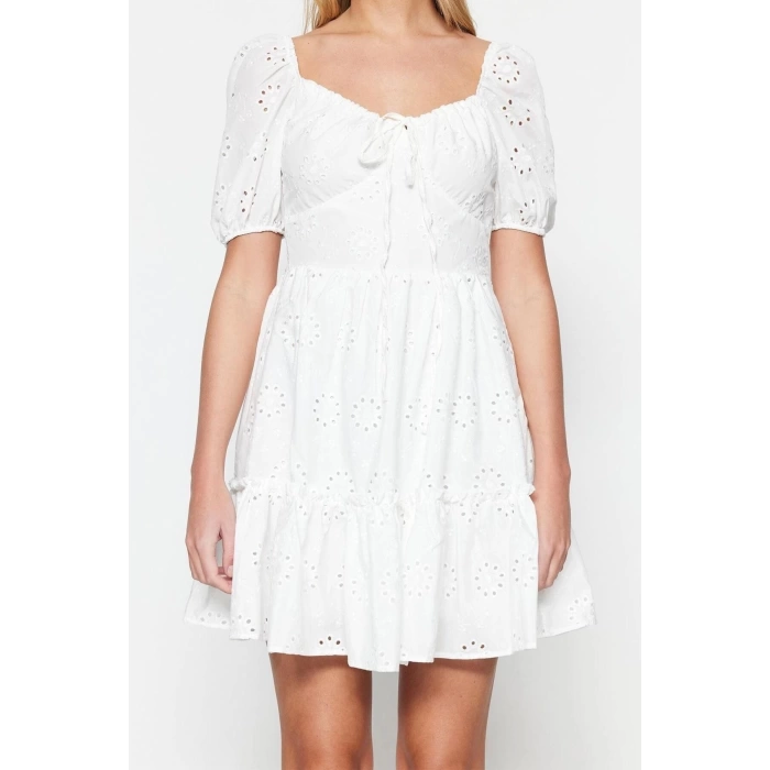 Fashion Regular Casual Daily Brode Woven Heart Neck Short Sleeve Skater Mini Length Dress