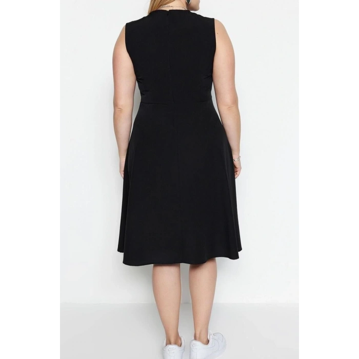 Fashion Comfortable Casual Daily Terrycotton Woven V Neck Halter Sleeve Skater Midi Length Plus Size Dress