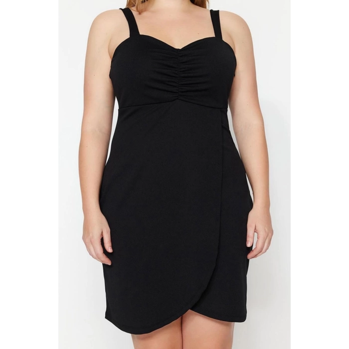 Fashion Slim Day Night Crepe Knitted Heart Neck Strap Sleeve Wrap Mini Length Plus Size Dress
