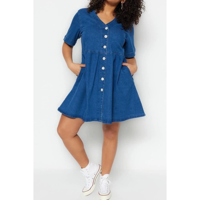 Fashion Casual Daily Comfort Denim V Neck Short Sleeve A-Line Mini Length Plus Size Dress