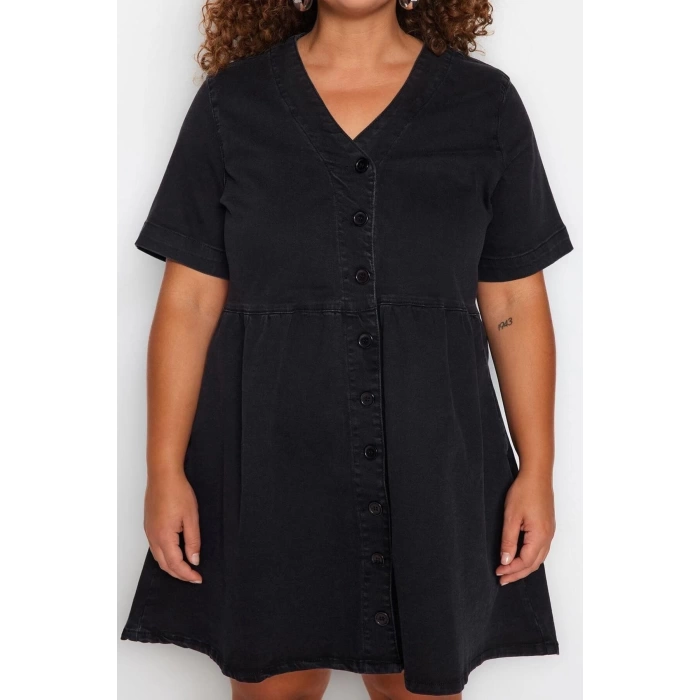 Fashion Casual Daily Comfort Denim V Neck Short Sleeve A-Line Mini Length Plus Size Dress