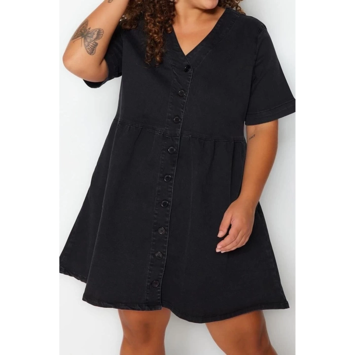 Fashion Casual Daily Comfort Denim V Neck Short Sleeve A-Line Mini Length Plus Size Dress