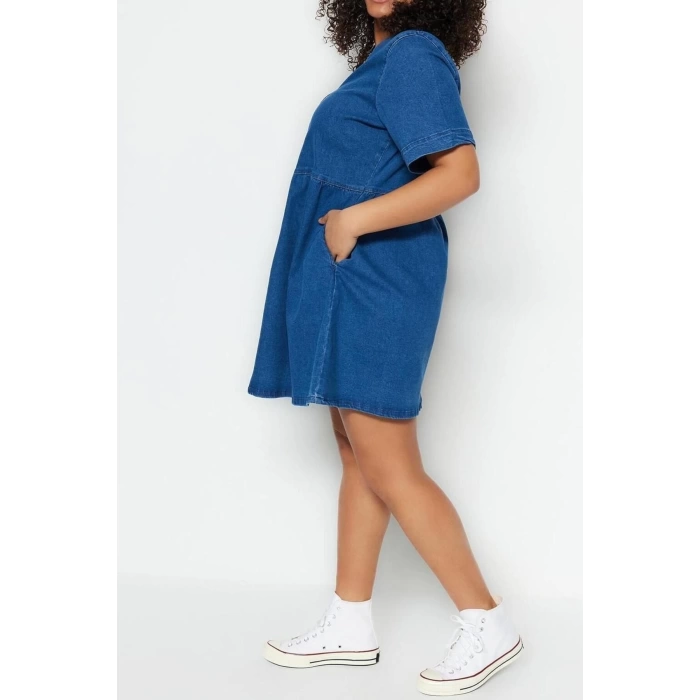 Fashion Casual Daily Comfort Denim V Neck Short Sleeve A-Line Mini Length Plus Size Dress