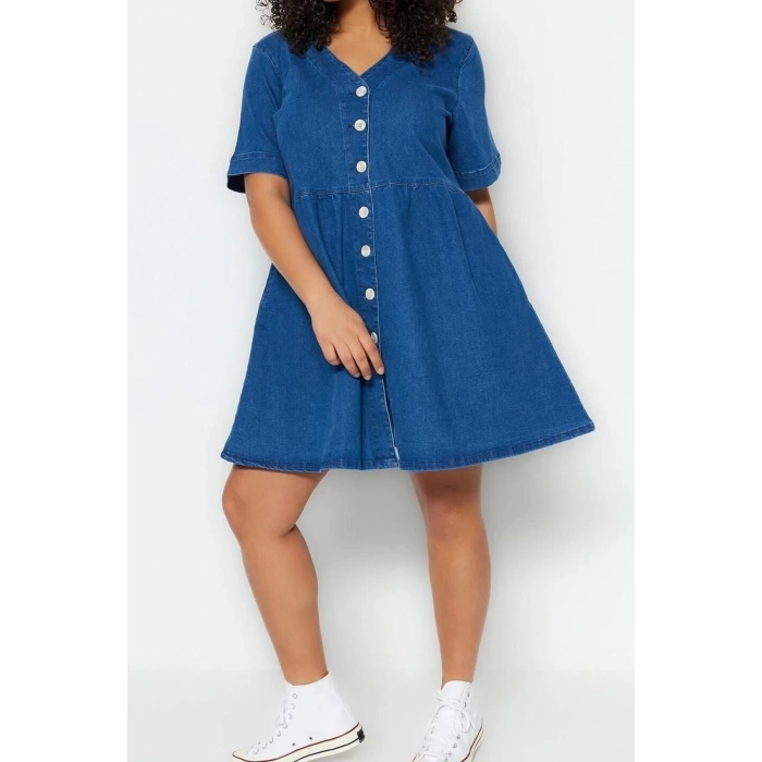 Fashion Casual Daily Comfort Denim V Neck Short Sleeve A-Line Mini Length Plus Size Dress